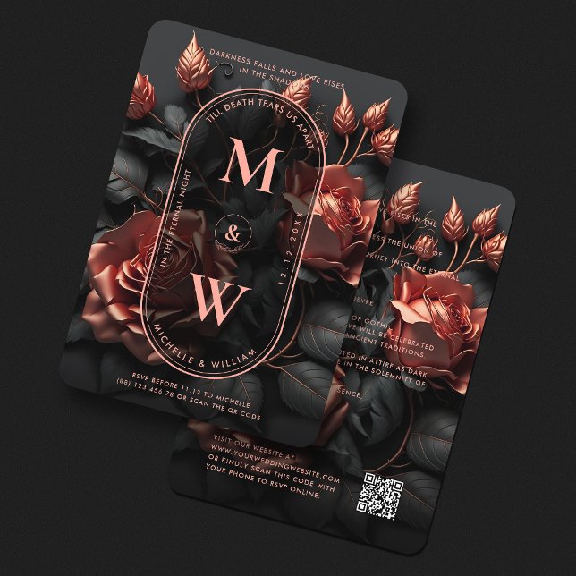 Convite Casamento de Boho Negro Russo Elegante Gótico Rose (Elegant Gothic Rosegold Pink Floral Boho Wedding Invitation
)