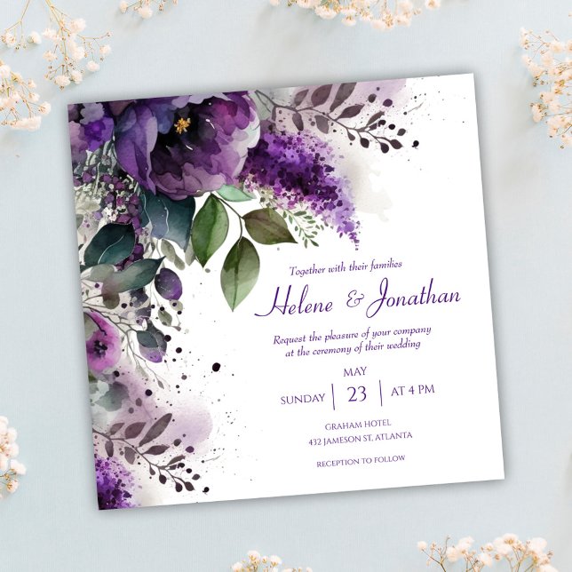 Convite Casamento de Boho Puro com Aquarela Floral Elegant (Elegant Floral Watercolor Purple Boho Wedding Invitation)