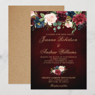 Convite Casamento de Boho Russo Floral Marinho Vermelho Bu