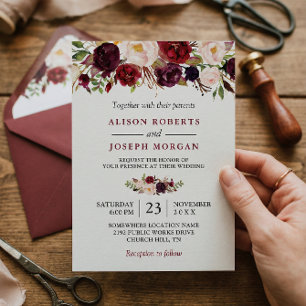 Convite Casamento de Boho Russo Floral Vermelho Burgundy