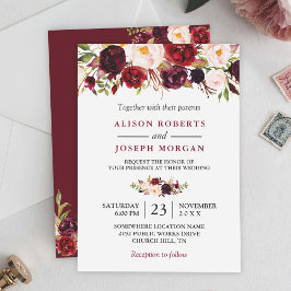 Convite Casamento de Boho Russo Floral Vermelho Burgundy