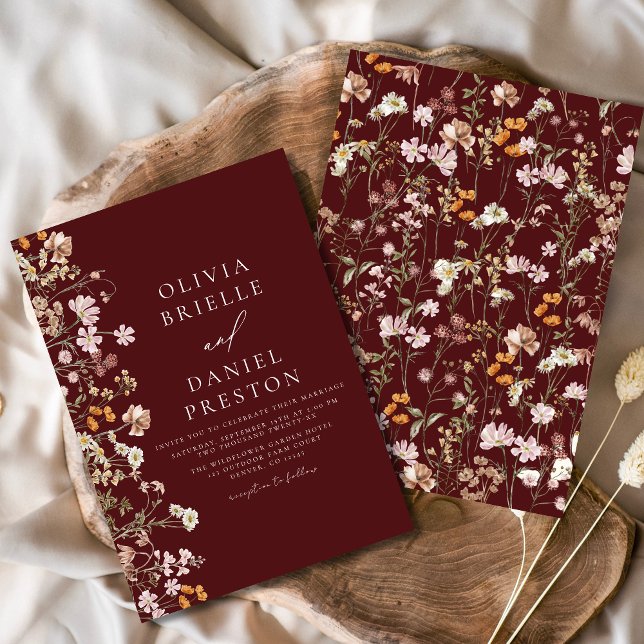Convite Casamento de Boho Wildflower Burgundy (Criador carregado)