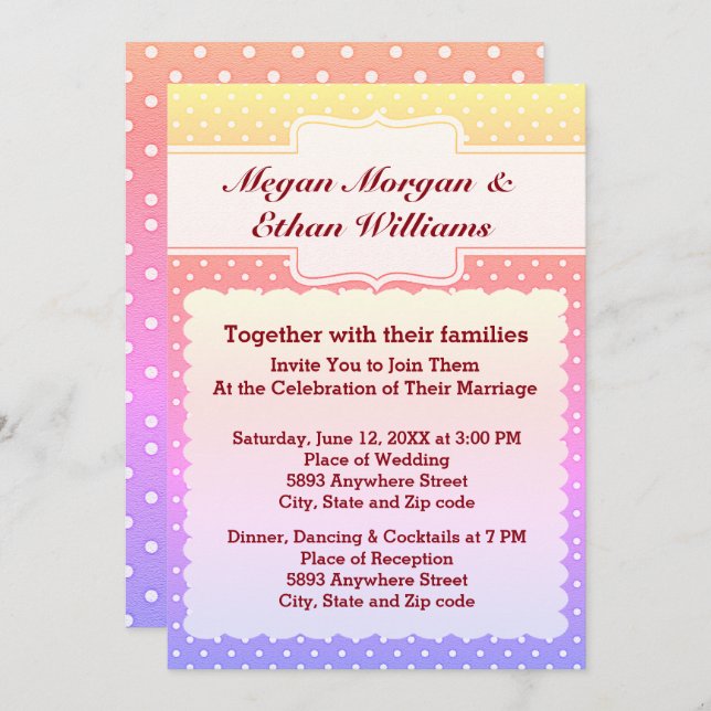 Convite Casamento de Bolinhas Amarelas, Rosa, Azuis e Bran (Frente/Verso)