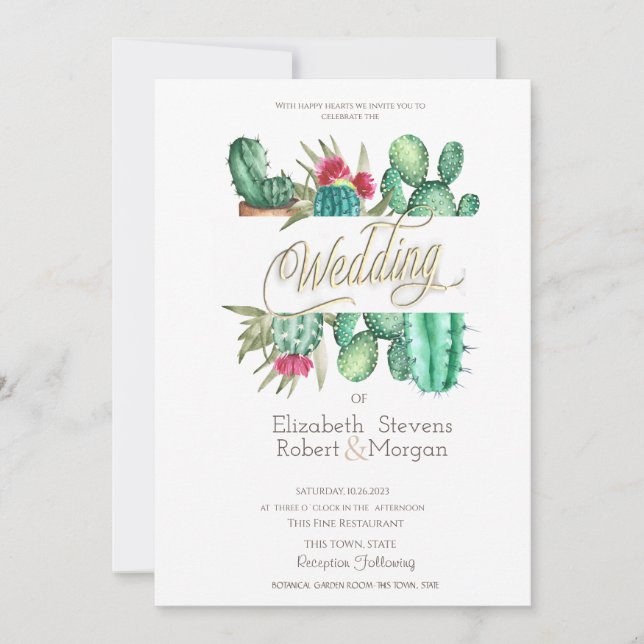 Convite Casamento de Bolinhas de Watercolor Cactus (Frente)