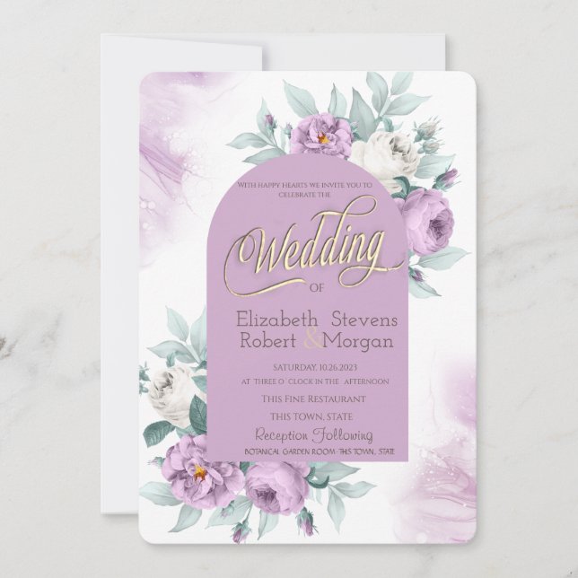 Convite Casamento de Bolinhas Lilac Rosas Watercolor (Frente)