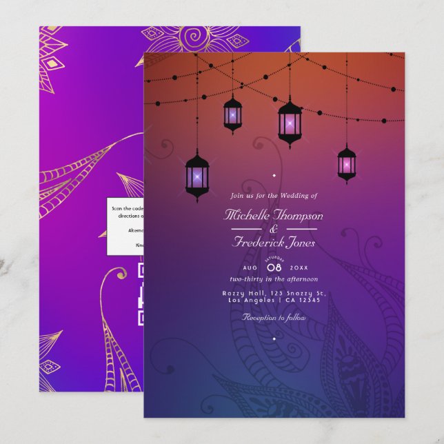 Convite Casamento de Bollywood Árabe com código QR RSVP (Frente/Verso)