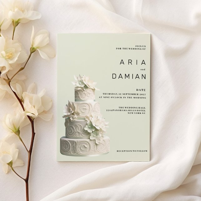 Convite Casamento de bolo floral branco verde-menta legant (Elegant mint green white floral cake Wedding )
