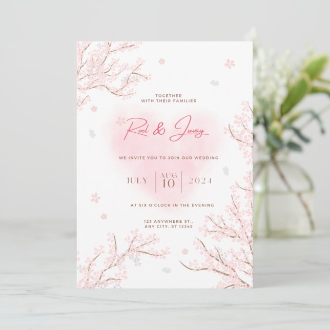 Convite Casamento de Bonito Rosa Branco com Sucursais Saku (Em pé/Frente)