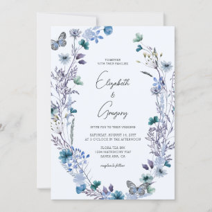Convite Casamento de Borboleta de Flor Selvagem Boho Azul