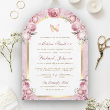 Casamento de Borboleta Dourada Floral Rosa-Rosa-Bl