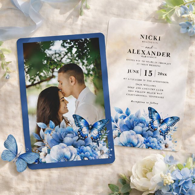 Convite Casamento de Borboleta Floral Azul (Navy blue white floral and butterflies wedding invitation with photo)
