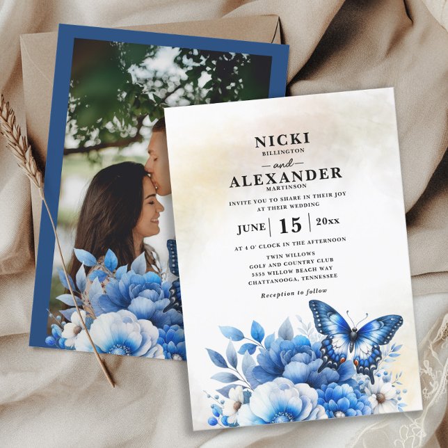 Convite Casamento de Borboleta Floral Azul (Navy blue floral and butterfly wedding photo invitation)