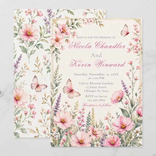 Convite Casamento de Borboleta Floral Elegante (Frente/Verso)