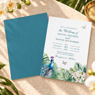 Convite Casamento de Borboleta Flores Tropicais Pavão Azul