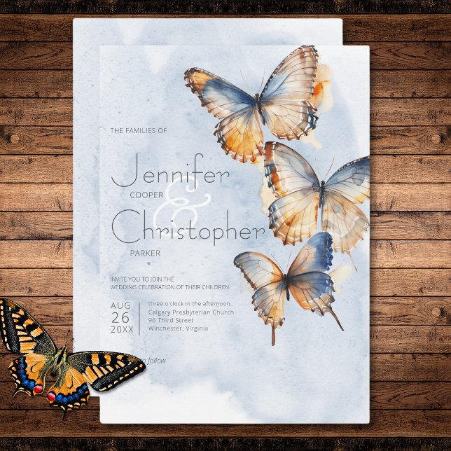 Convite Casamento de Borboletas Azuis e Ferrugem Modernas (Modern Blue & Rust Watercolor Butterflies Wedding Invitation)