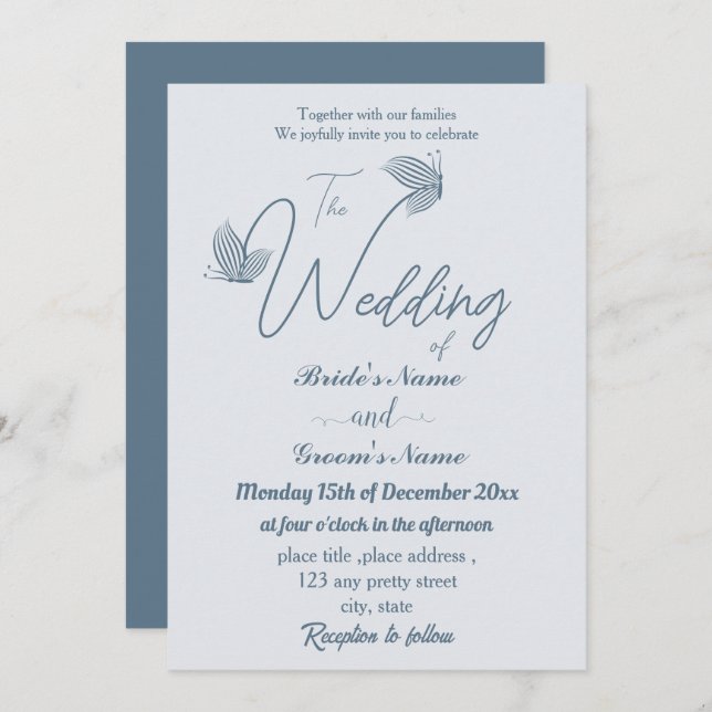 Convite Casamento de borboletas azul empoeiradas romântica (Frente/Verso)