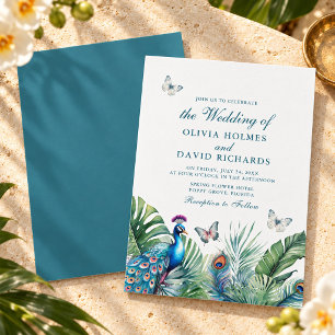 Convite Casamento de Borboletas com Penas de Pavão Tropica