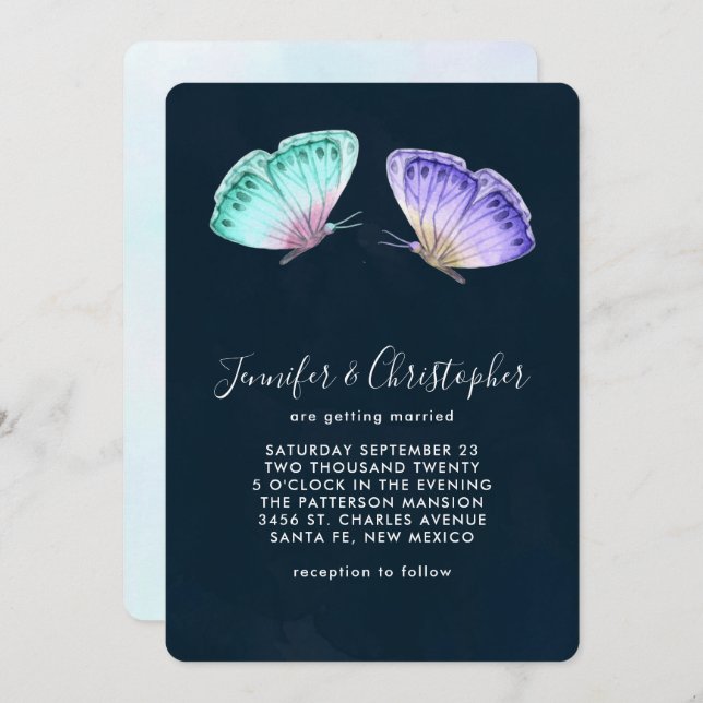 Convite Casamento de Borboletas de Cores Aquáticas Bonitas (Frente/Verso)
