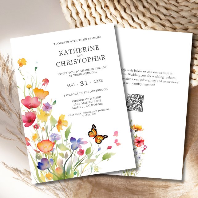 Convite Casamento de Borboletas de Flores Selvagens Legais (Elegant Colorful Wildflowers Butterfly Wedding Invitation with Pink, Orange, Yellow, Blue Flowers.)