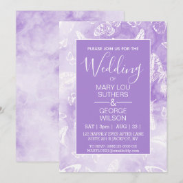 Convite Casamento de Borboletas de Mármore de Fumaça Roxo