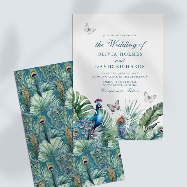 Convite Casamento de Borboletas de Penas Tropicais (Tropical Peacock Feathers Butterflies Wedding Invitation on a white table.)