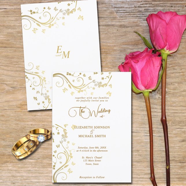 Convite Casamento de Borboletas de Vinhas de Ouro Elegante (Criador carregado)
