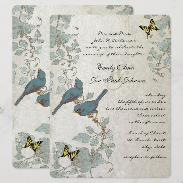 Convite Casamento de Borboletas e Pássaros Azul Prateado A (Frente/Verso)