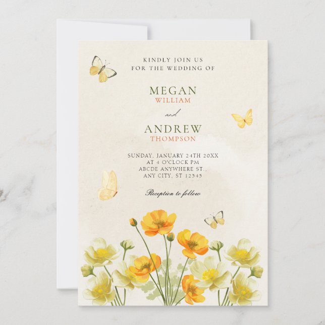 Convite Casamento de borboletas florais amarelas (Frente)