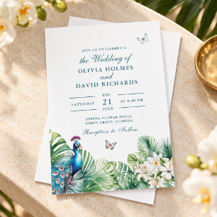 Convite Casamento de Borboletas Flores Tropicais Pavão Azu