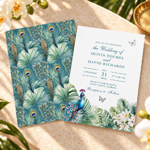 Convite Casamento de Borboletas Flores Tropicais Pavão Azu
