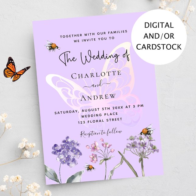 Convite Casamento de borboletas rosa violeta com flores si (Criador carregado)