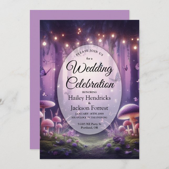 Convite Casamento de Borboletas Roxas e Céus Ingleses (Frente/Verso)