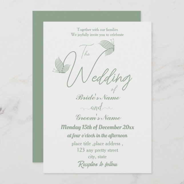 Convite Casamento de borboletas verdes, sábio e elegante r (Frente/Verso)