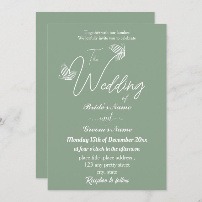 Convite Casamento de borboletas verdes, sábio e elegante r (Frente/Verso)
