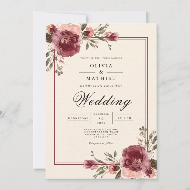 Convite Casamento de Borda Burgundy Blossom (Frente)