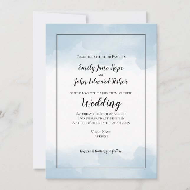 Convite Casamento de Borda da Linha Pastel Azul Claro (Frente)
