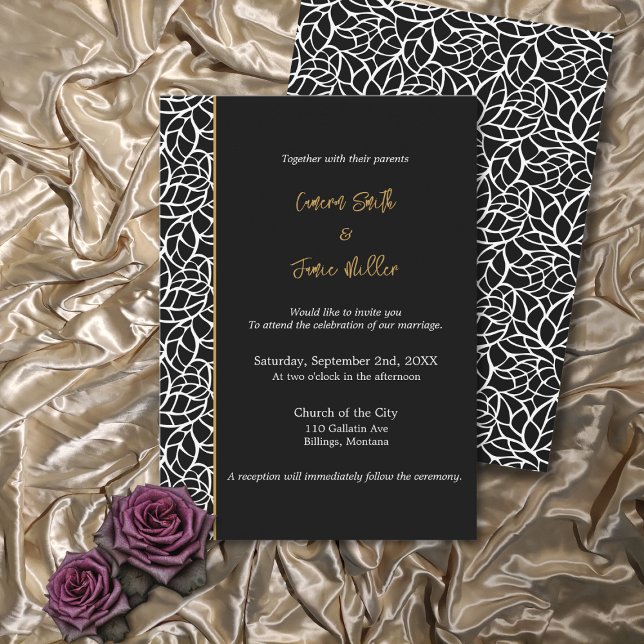 Convite Casamento de Borda de Folhas Brancas e Negras Eleg (Elegant White & Black Leaves Border Wedding Invitation)
