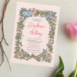 Convite Casamento de Borda de Pastel de Pássaros Rosa-Rosa