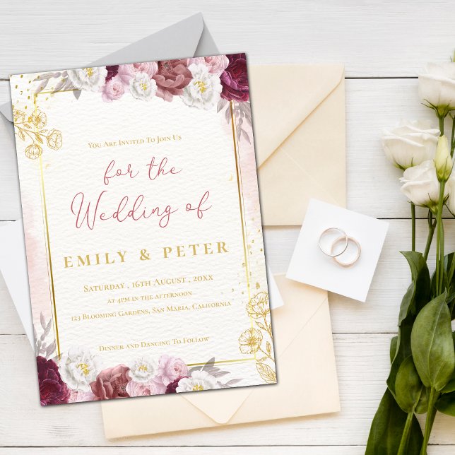 Convite Casamento de Borda Dourada Floral Rosa-Blush (Burgundy Blush Pink Floral Gold Border Wedding Invitation)