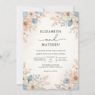 Convite Casamento de Borda Floral Azul de Pêssego Suave