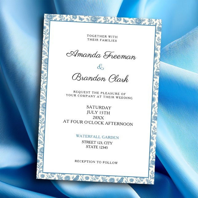 Convite Casamento de Borda Floral Chic Blue Toile de Jouy (Criador carregado)