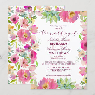 Convite Casamento de Borda Floral de Chic Mint e Blush