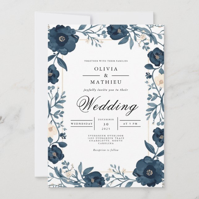 Convite Casamento de Borda Floral de Índio Profundo (Frente)