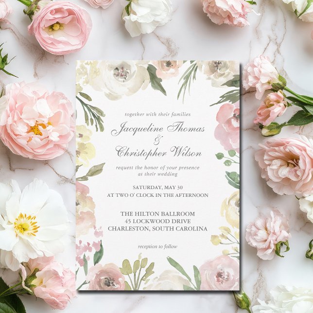 Convite Casamento de Borda Floral de Marfim Rosa-Rosa-Esca (Criador carregado)