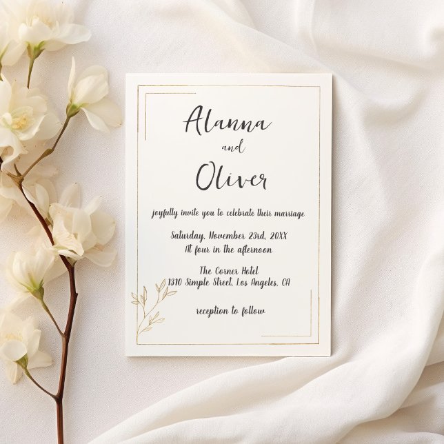 Convite Casamento de borda floral de ouro branco minimalis (Minimalist white gold floral border Wedding )