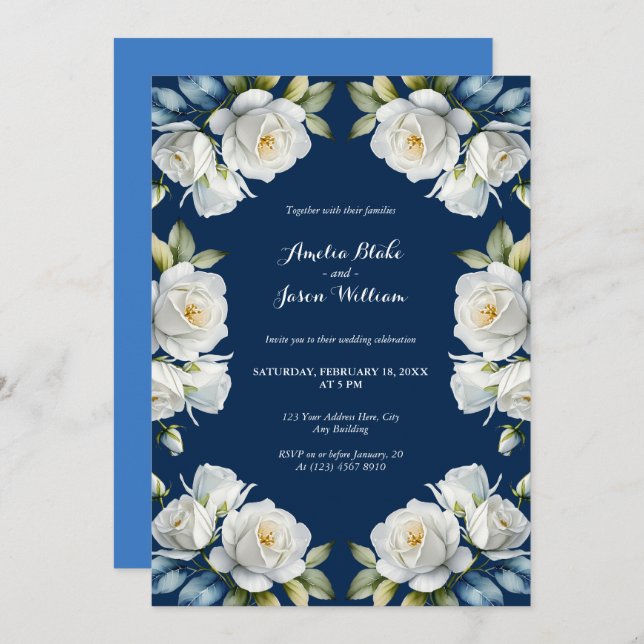 Convite Casamento de Borda Floral de Rosa Azul Elegante (Frente/Verso)
