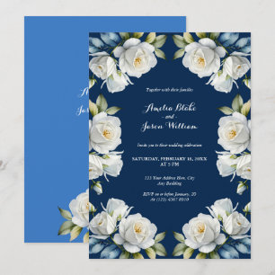 Convite Casamento de Borda Floral de Rosa Azul Elegante