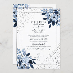 Convite Casamento de Borda Floral do marinho Silver Glitte