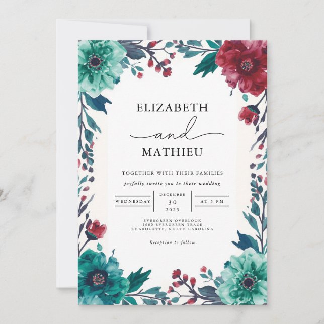 Convite Casamento de Borda Floral Moody Teal (Frente)