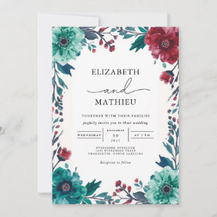 Convite Casamento de Borda Floral Moody Teal